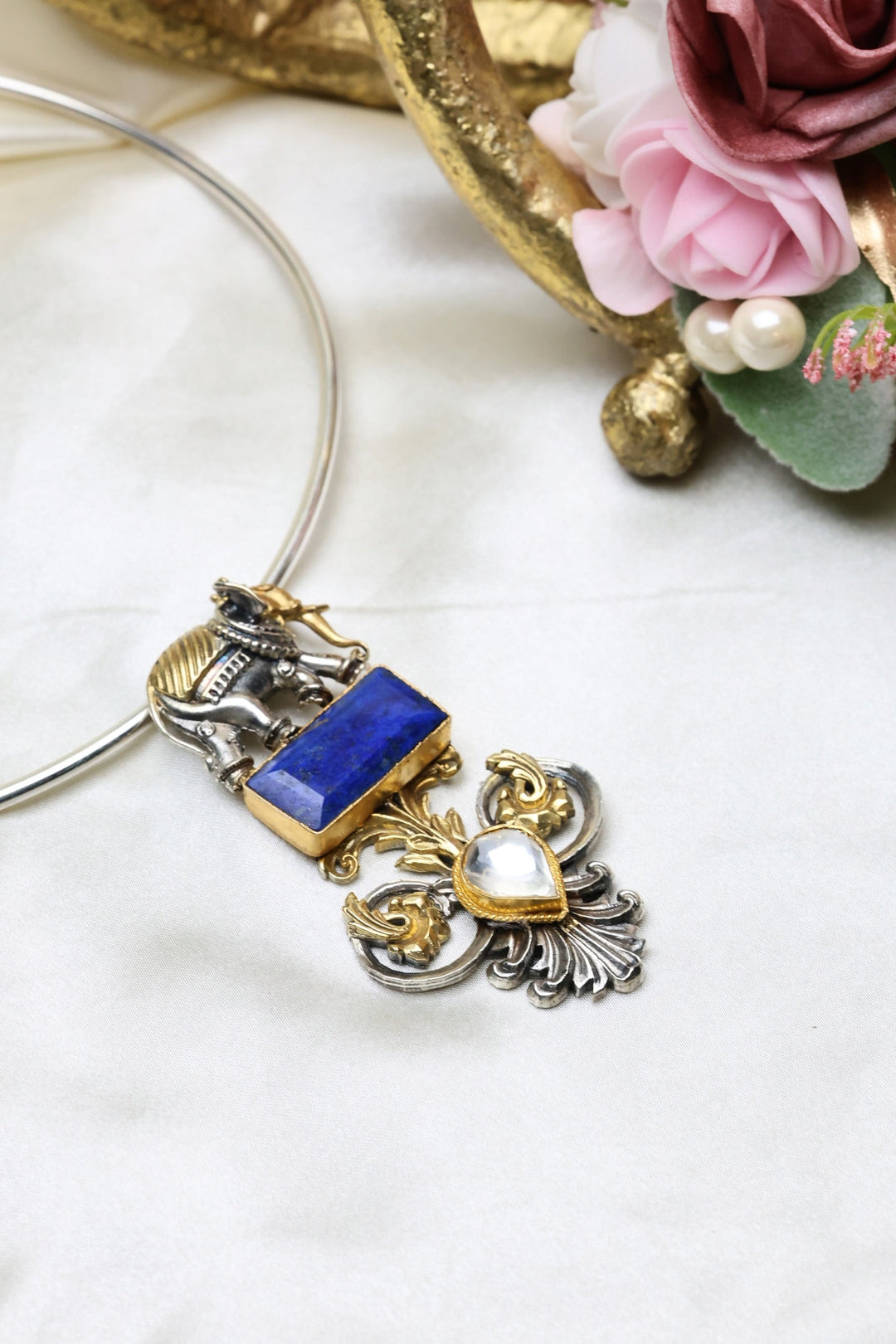 92.5 Silver Dual Tone Elephant Pendant with Rectangular Lapis