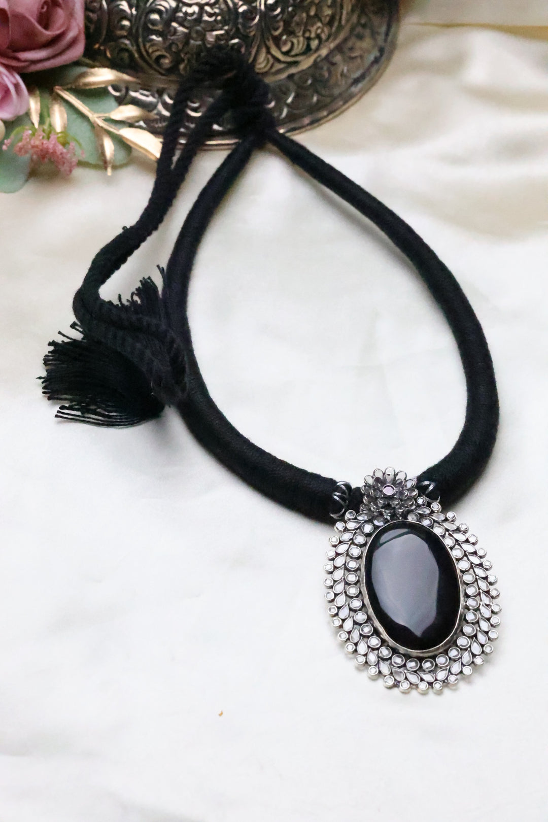 92.5 Silver Boho Chic Elegance: Black Onyx and Polki Statement Necklace II