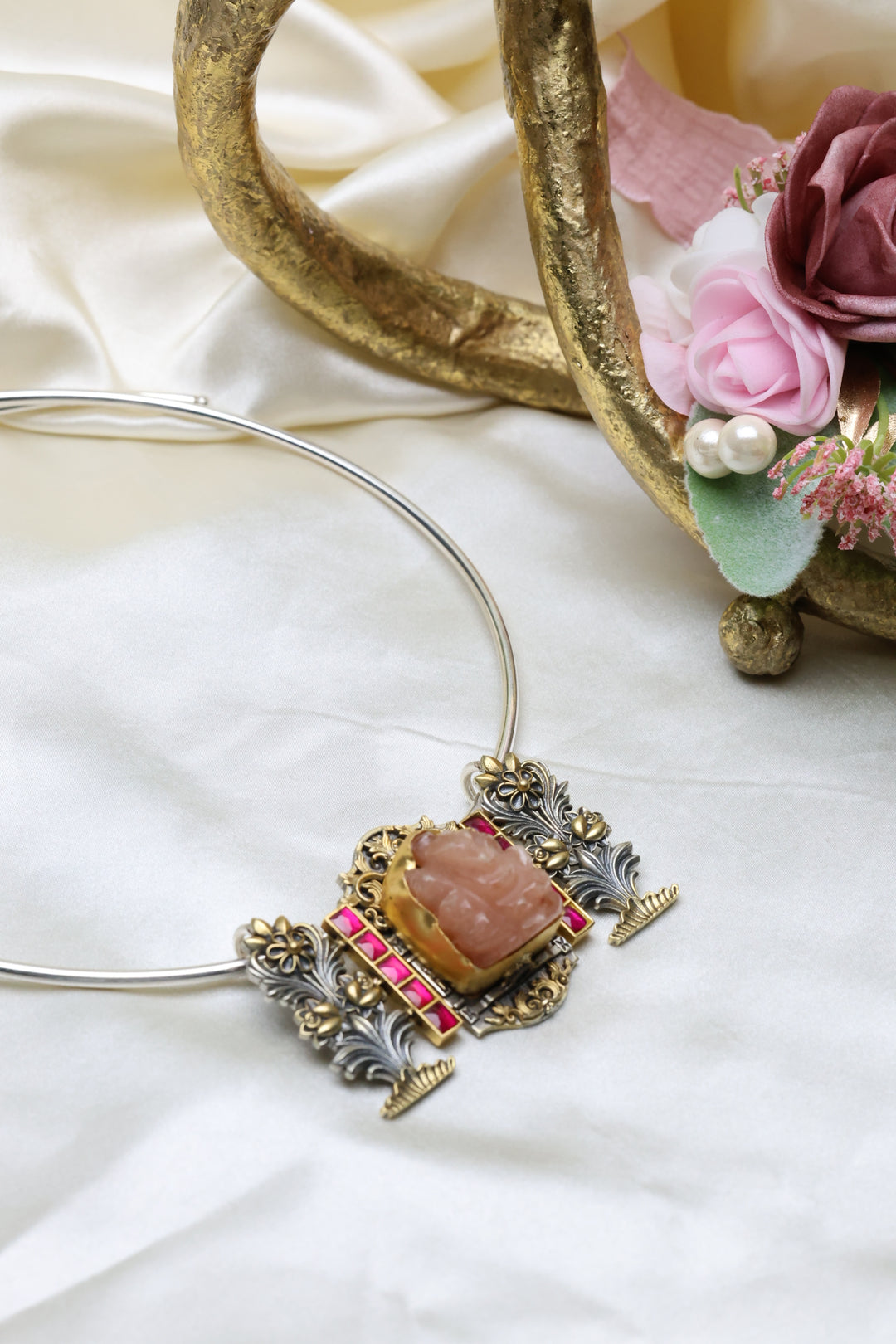 92.5 Silver Rose Quartz Ganesha Pendant