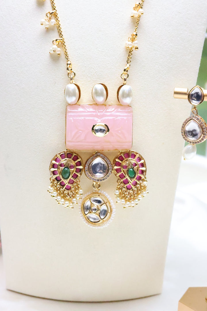 Carved Stone Pearl Chain Necklace [10155]