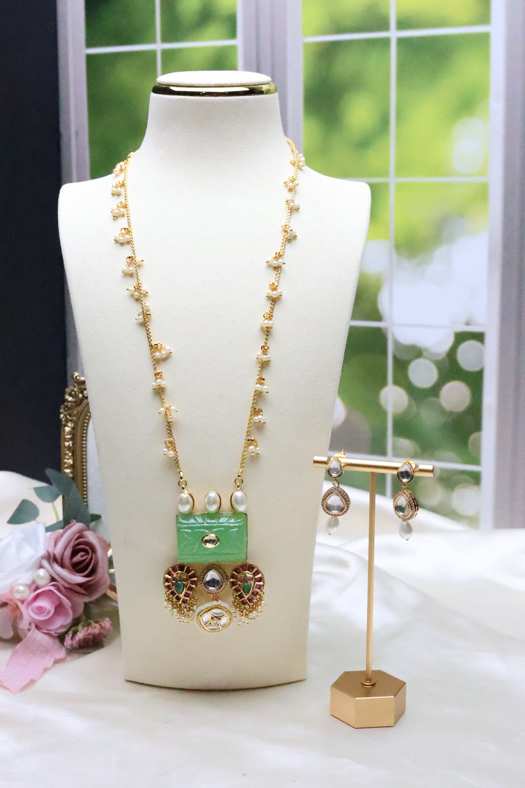 Carved Stone Pearl Chain Necklace [10155]