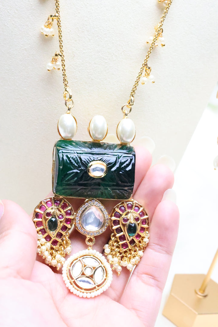 Carved Stone Pearl Chain Necklace [10155]