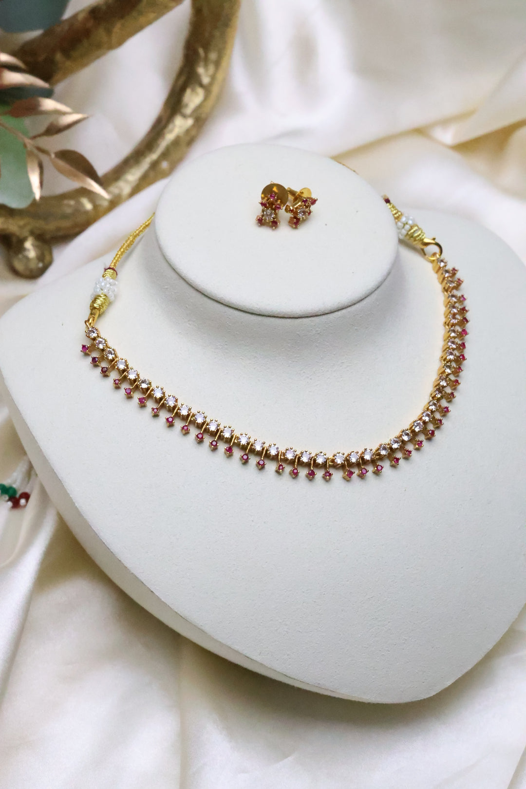 Diamond Look alike Necklace with Ruby stones [11693]