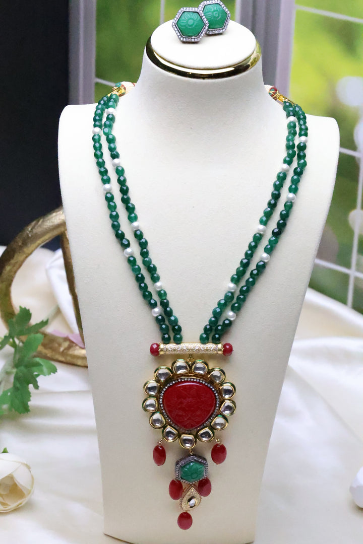 Green and Red Hydrobead mala with carved stone [3821]