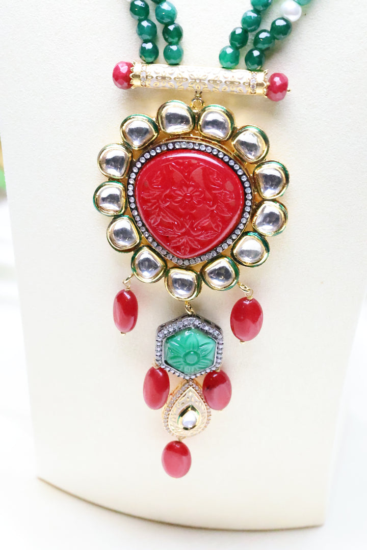 Green and Red Hydrobead mala with carved stone [3821]