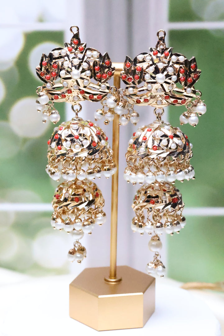 2 Tier Statement Jhumka in Coral  [11163]