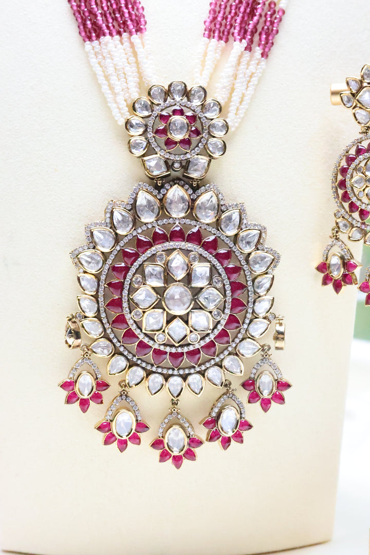 Moissanite Medallion Pendant Mala with Jadau Stones [11057]