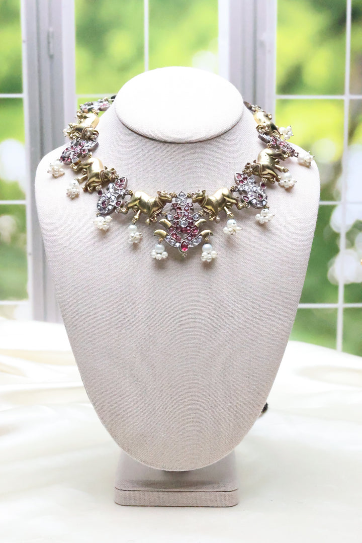 Nandi Dual Tone Necklace with Colored Stones [5669]