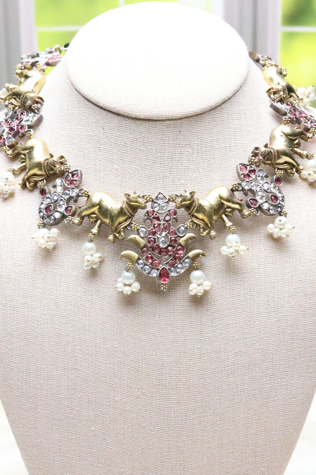 Nandi Dual Tone Necklace with Colored Stones [5669]