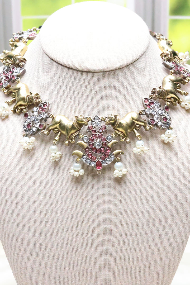 Nandi Dual Tone Necklace with Colored Stones [5669]