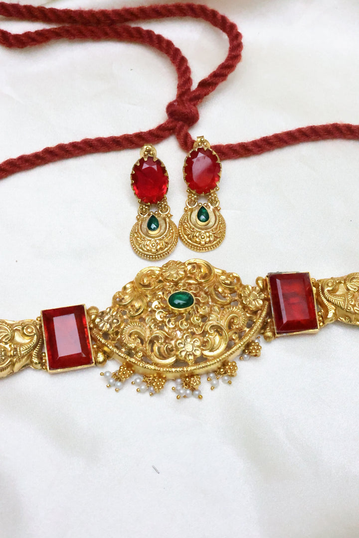 92.5 Silver Temple Choker Set (70 gms) [10615]