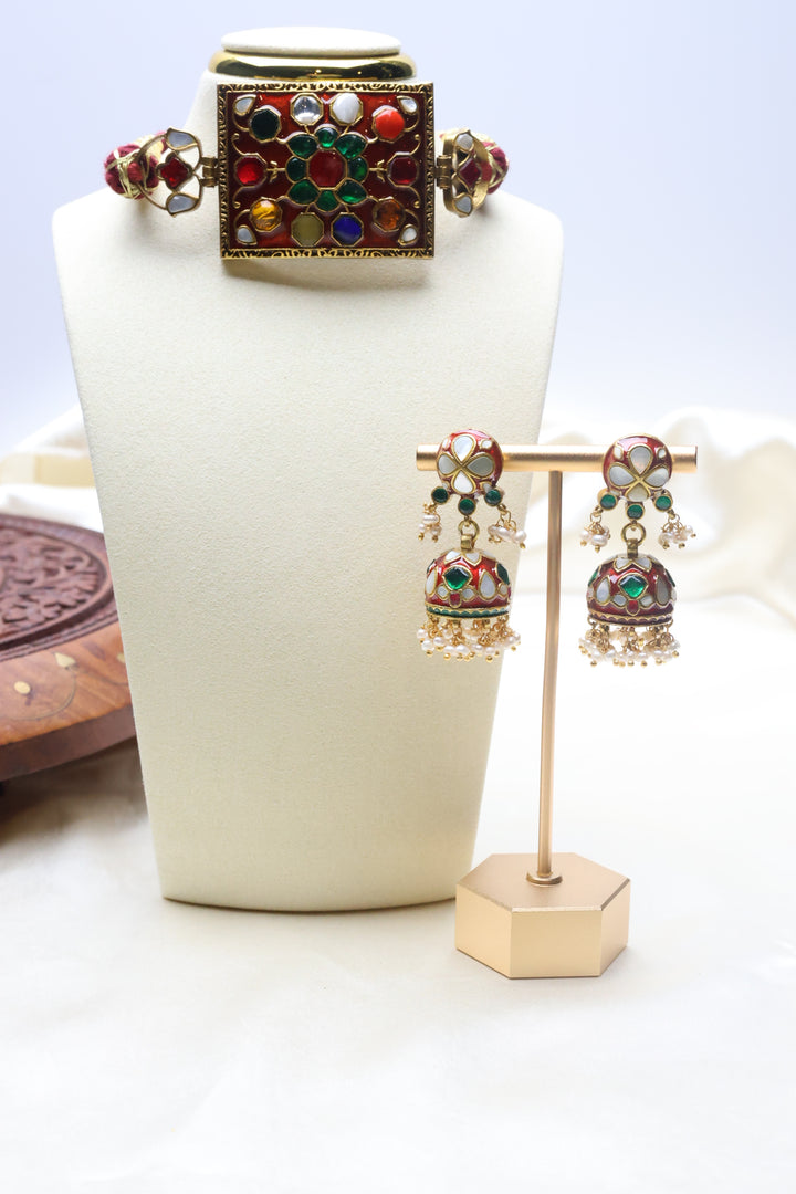 92.5 Silver Red Enamel Navratan Choker Set (95 gms) [12773]