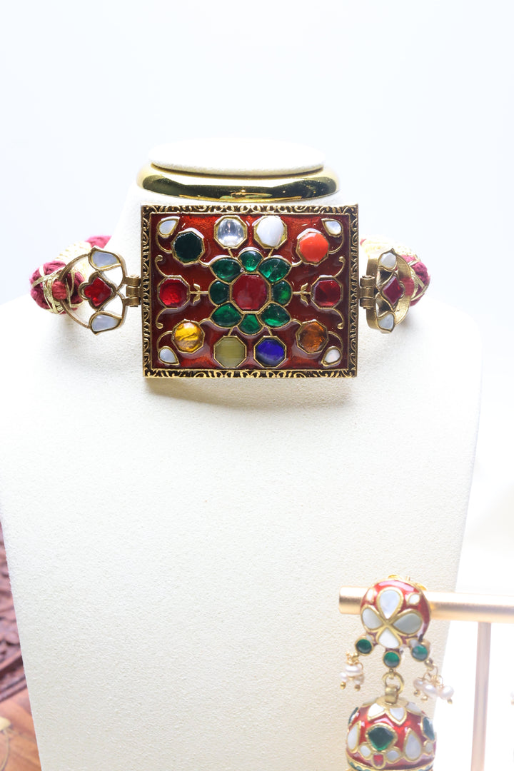 92.5 Silver Red Enamel Navratan Choker Set (95 gms) [12773]