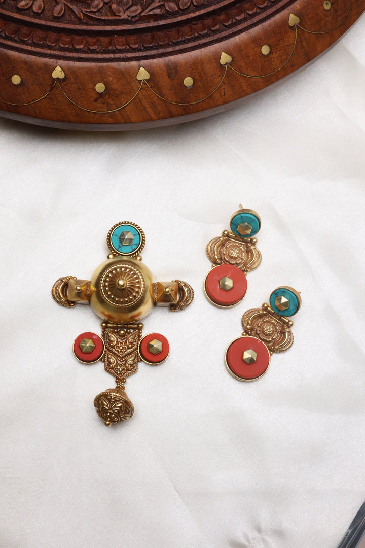 92.5 Silver Temple Pendant with Earrings (66 gms) [12429]