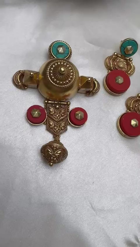 92.5 Silver Temple Pendant with Earrings (66 gms) [12429]